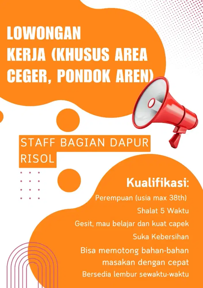 Staff Dapur Khusus Wanita Area Ceger(Pondok aren)