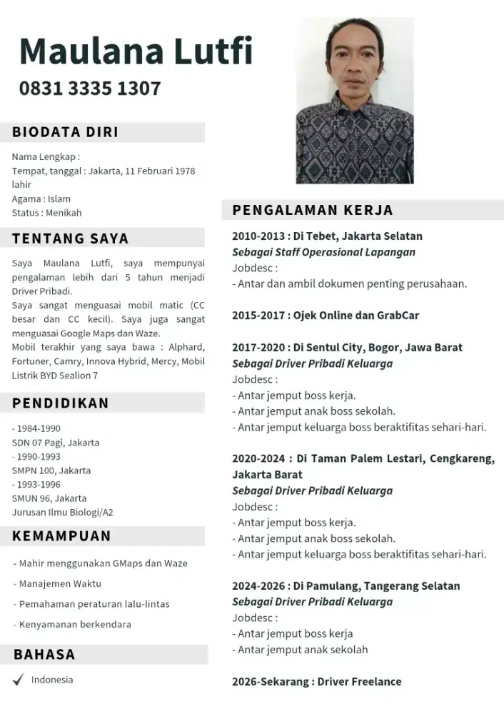 Saya sedang mencari pekerjaan sebagai Driver Pribadi