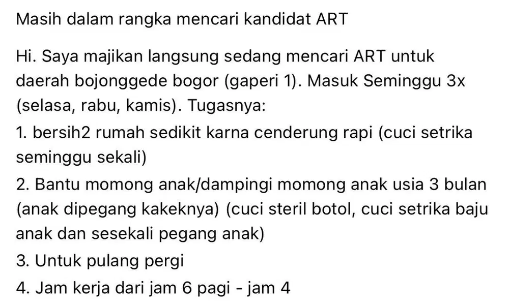 Lowongan ART / pengasuh PP 3x seminggu