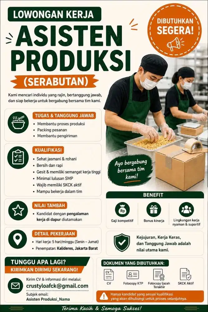 LOWONGAN KERJA – ASISTEN PRODUKSI (SERABUTAN)
