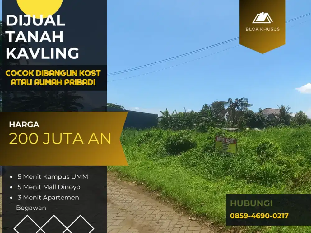 5 Menit Apartemen Begawan Tlogomas Malang Tanah Dijual Row Jalan 6 Meter Cocok Bangun Kost