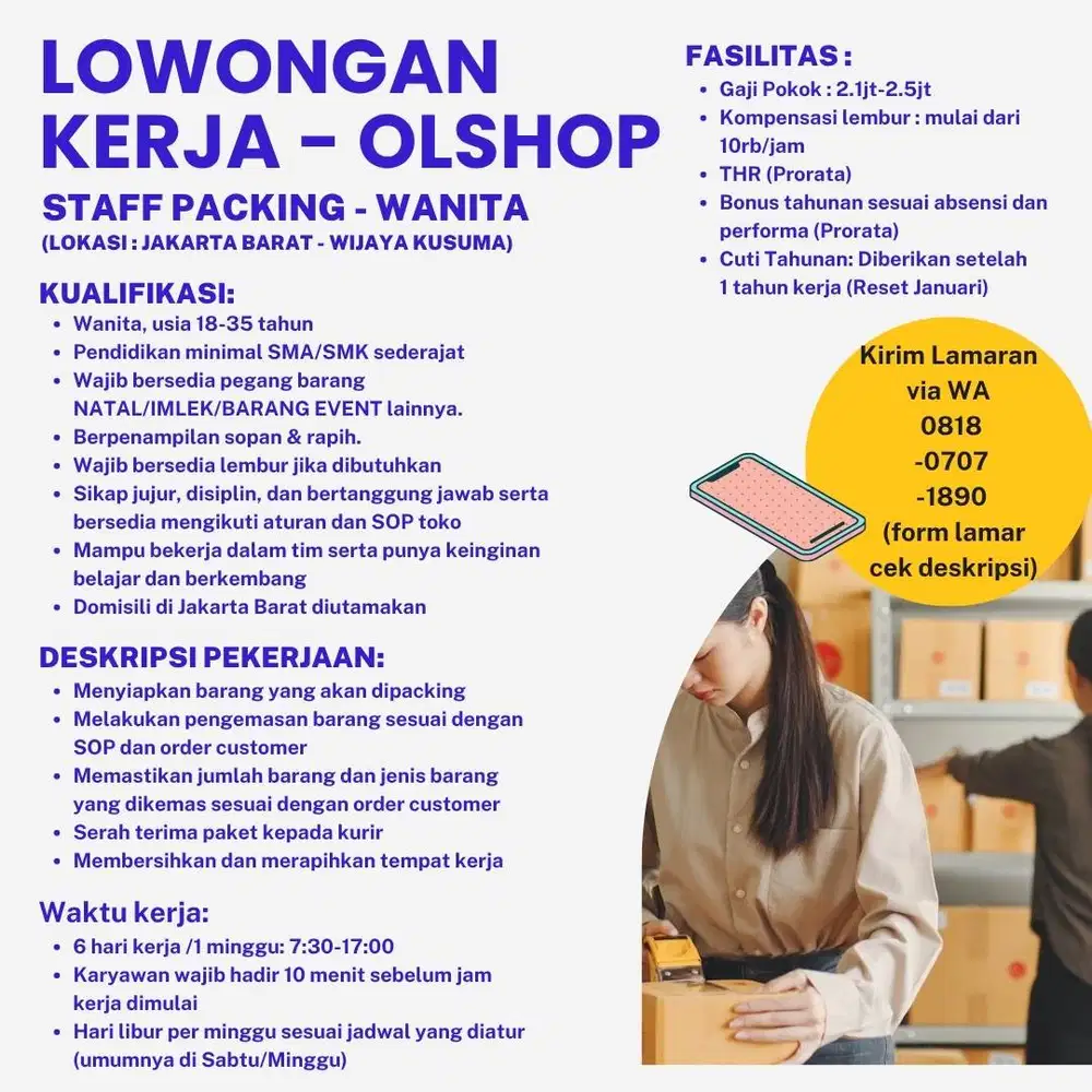 Dicari Karyawan Wanita Untuk Toko Online Shop - Staff Toko Packing