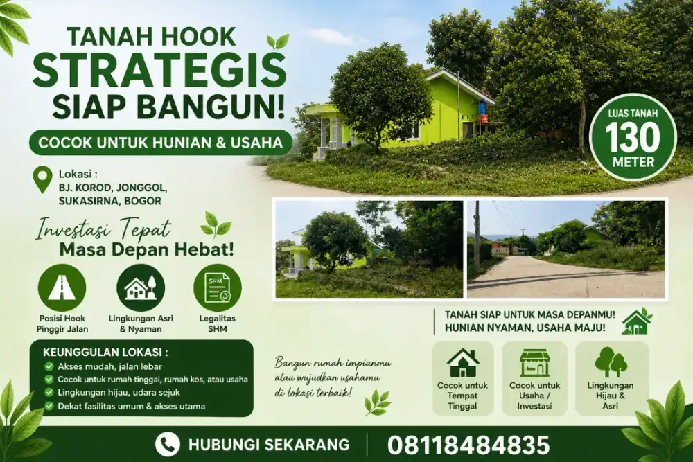 Tanah hook 130m pinggir jalan - strategis untuk R. Tinggal dan usaha