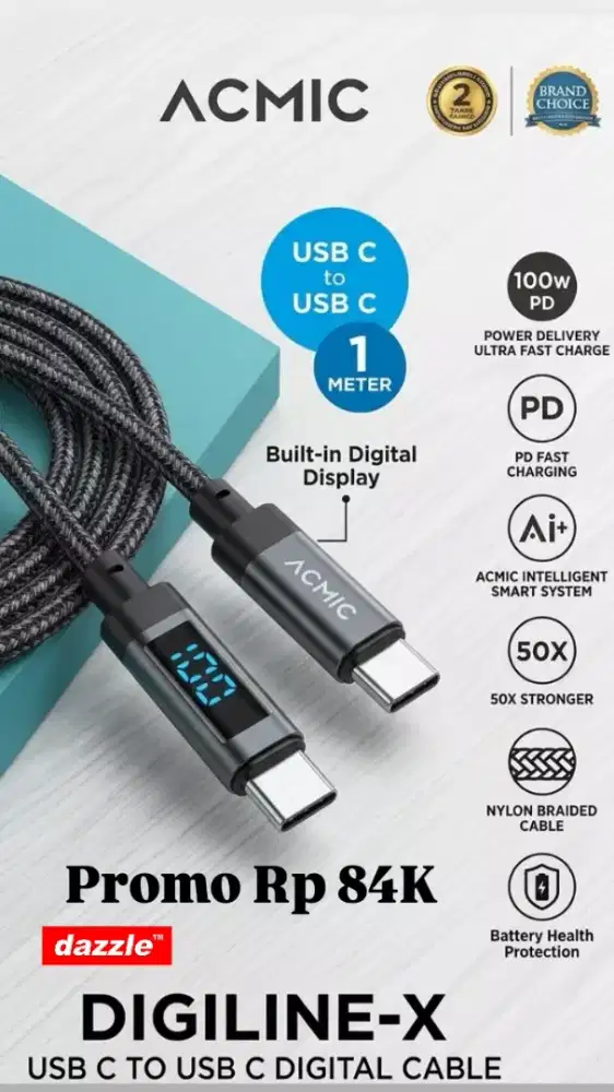 Kabel data acmic digiline type c to c 100 Watt 1m black