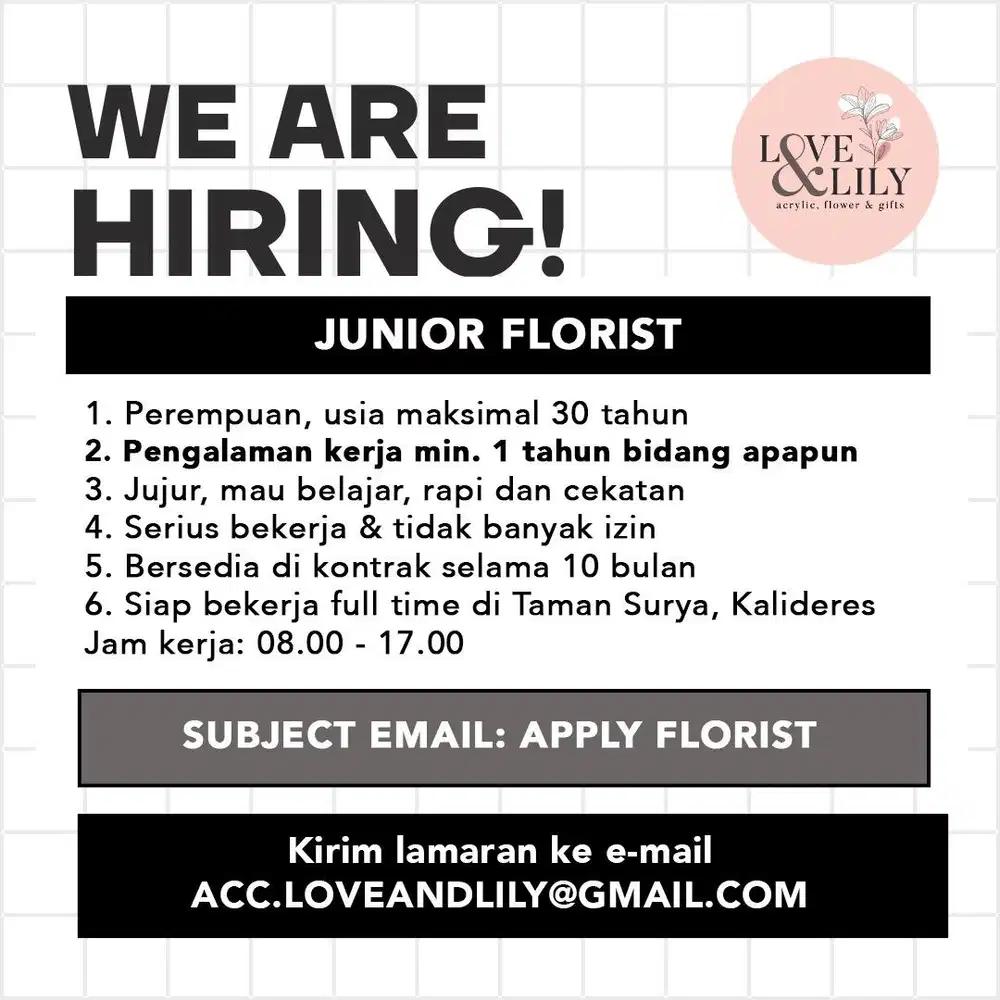 LOWONGAN FLORIST PERANGKAI TOKO BUNGA ONLINE SHOP PACKING ADMIN