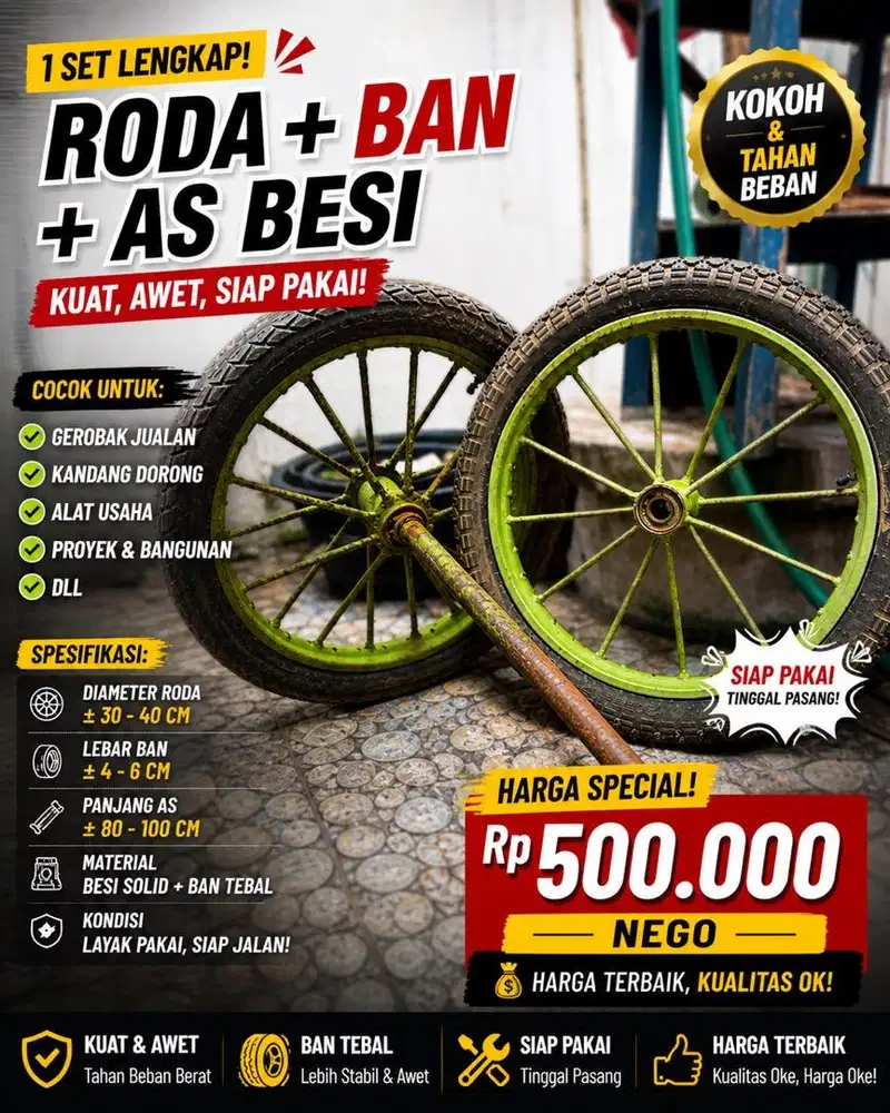 Satu set Roda Gerobag lengkap dengan Velg, Ban, dan AS Besi