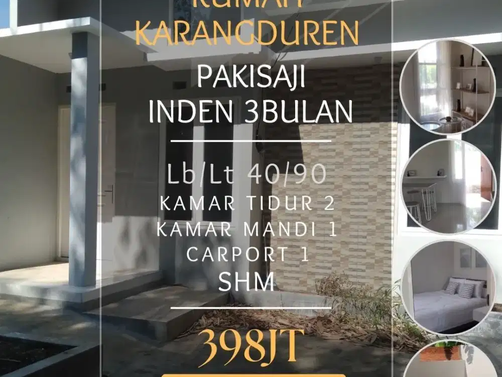 Rumah dijual di karangduren kendalpayak pakisaji lt90 2carport 398jt  kawasan sudah terbentuk, banyak penghuni, unit inden 4bulan pembangunan, lokasi