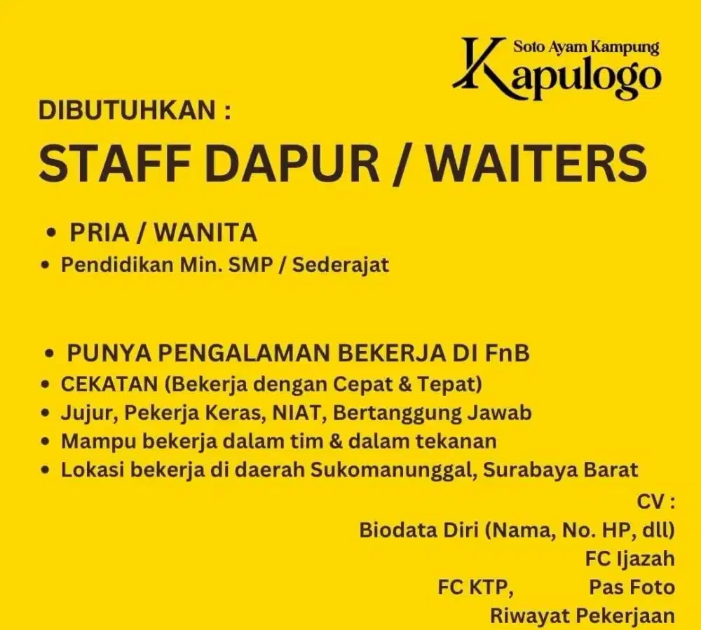 Dibutuhkan Staff Dapur / Waiter