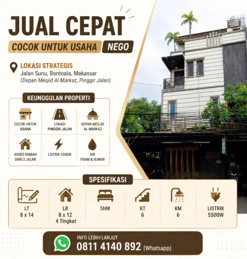 (Jual Cepat BU) Nego Rumah Usaha, Jalan Sunu, Depan Mesjid Al - Markaz