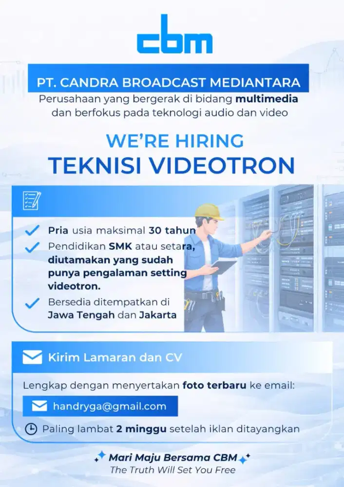 Dibutuhkan Staff Admin & Teknisi Videotron
