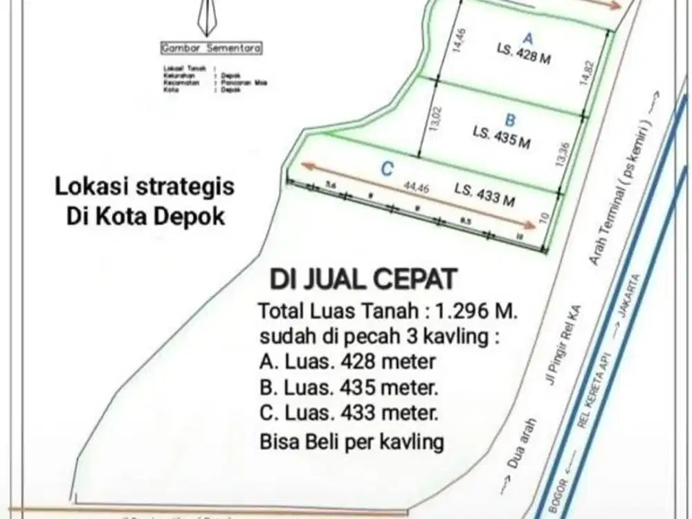 DIJUAL TANAH LOKASI SANGAT STRATEGIS DI PINGGIR JALAN PROTOKOL, DEKAT STASIUN KA DEPOK,HARGA DIBAWAH NJOP