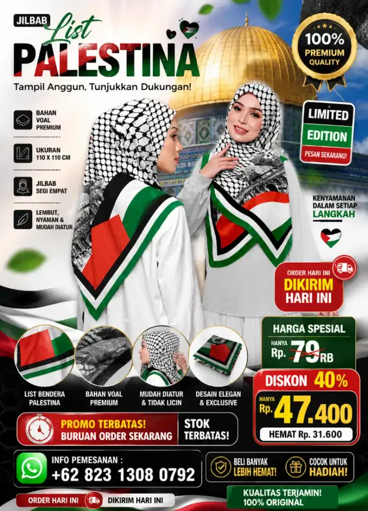 Terlaris! Jilbab Segiempat Motif Bendera Palestina