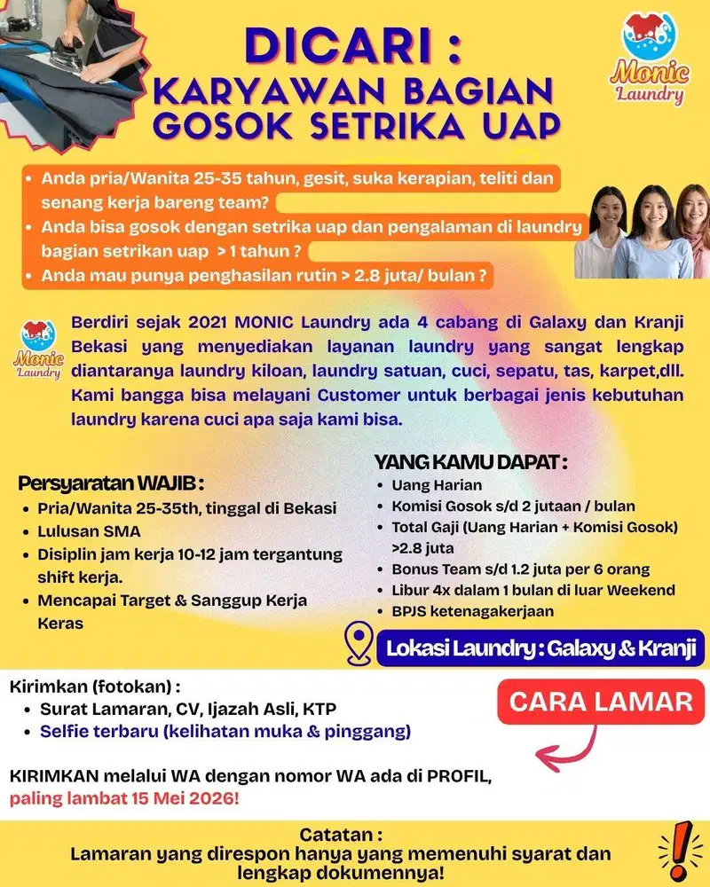 Dicari Karyawan Gosok Setrika Uap, Galaxy & Kranji Bekasi