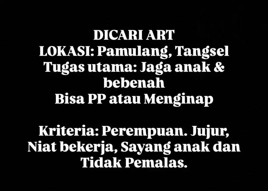 Dicari: ART lokasi Bambu Apus - Pamulang