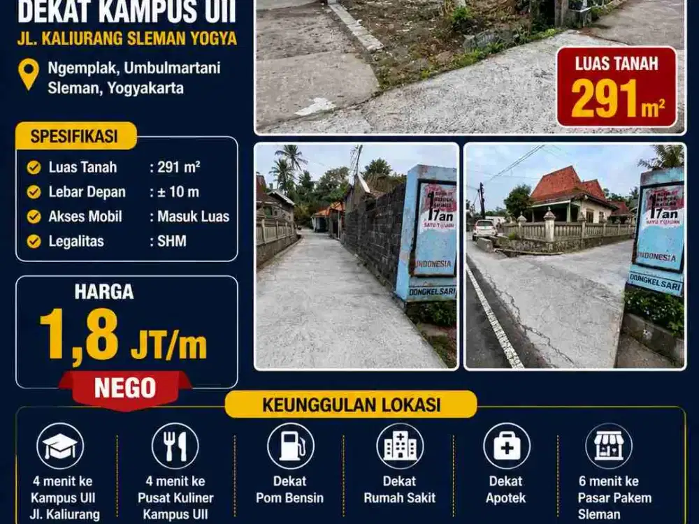 Tanah Murah Dekat UII Jakal – 291m² SHM, Harga 1,8 Jt/m²