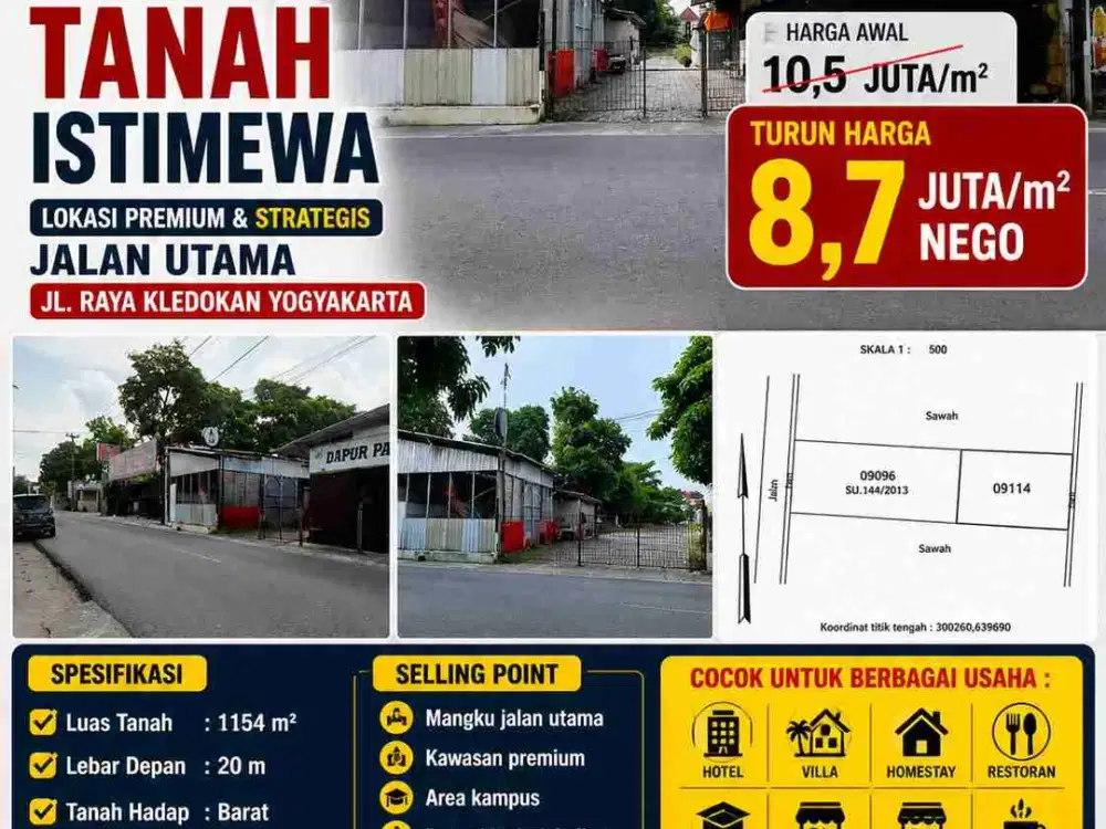 Tanah Komersial Jalan Raya Kledokan – 1.154m², Turun Harga