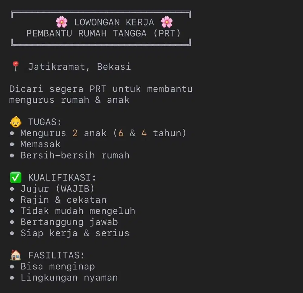 Lowongan Kerja Pembantu Rumah Tangga