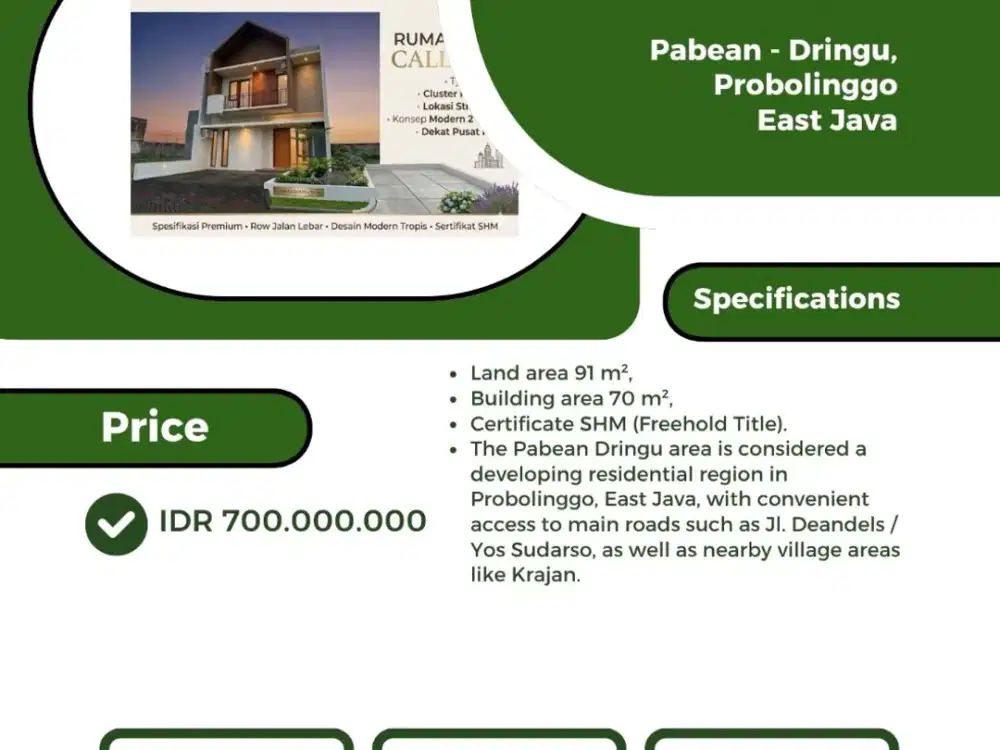 Dijual Rumah Cluster callista Pabean - Dringu Probolinggo