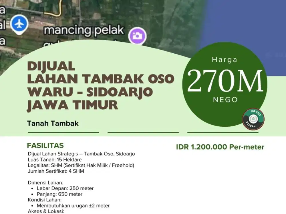 Dijual  lahan Tambak Oso  Waru - Sidoarjo jawa timur