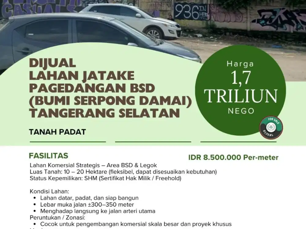 Dijual  lahan 20 Hektar Jatake Pagedangan BSD (Bumi serpong damai) Tangerang selatan