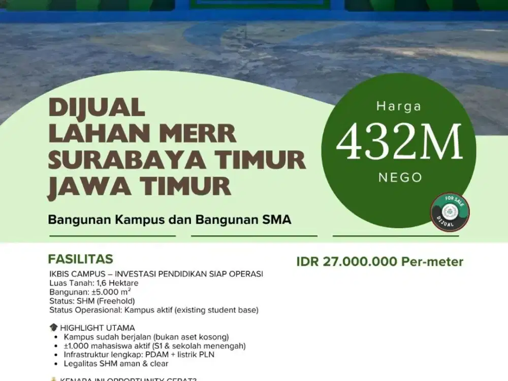 Dijual  lahan 1,6 Hektar Merr surabaya timur jawa timur