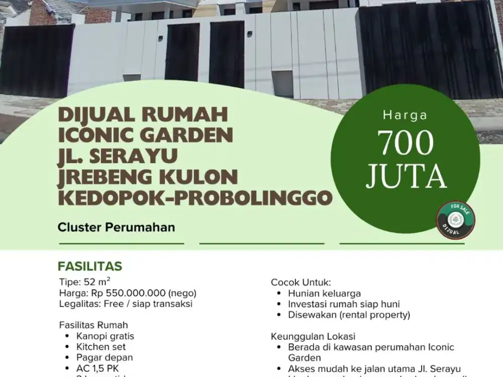 Dijual Rumah Iconic garden Jl. Serayu Jrebeng Kulon Kedopok-Probolinggo
