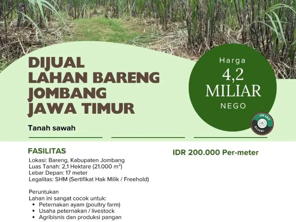 Dijual  lahan 2,1 Hektar Bareng Jombang Jawa Timur