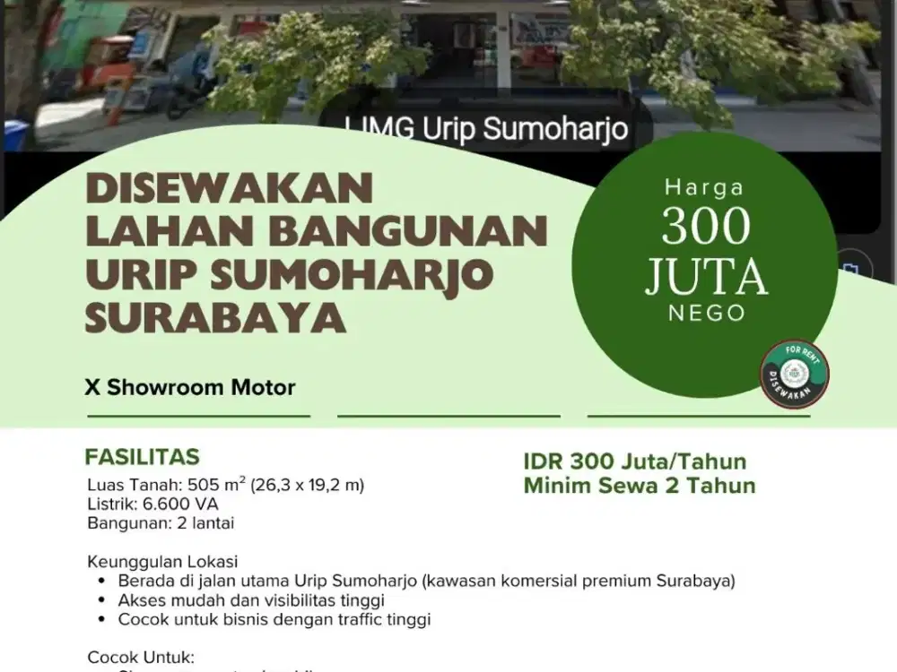 Disewakan lahan bangunan urip sumoharjo surabaya minim sewa 2 tahun