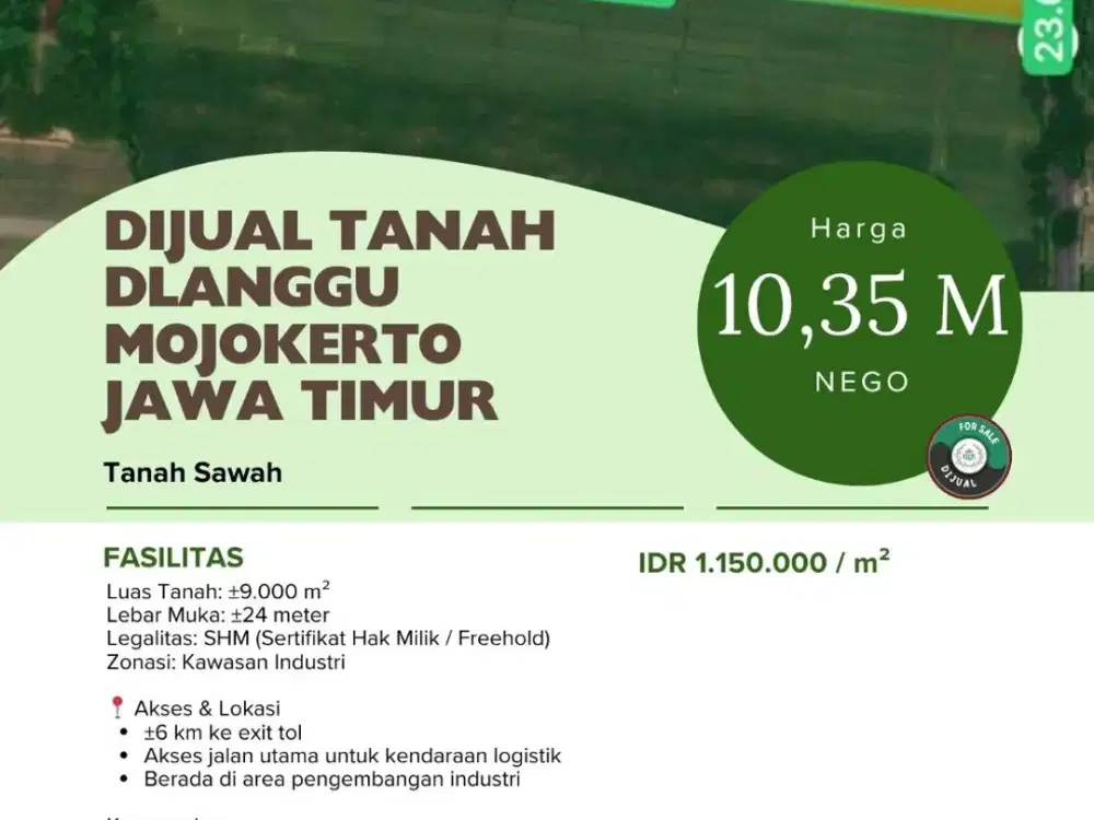 Dijual Tanah Dlanggu Mojokerto Jawa Timur Tanah Sawah LT 9000 Meter