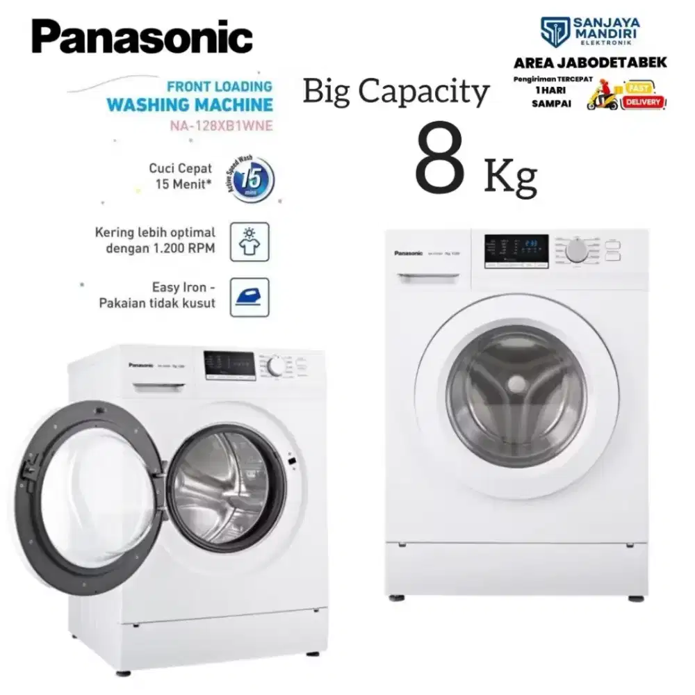 PANASONIC MESIN CUCI FRONTLOADING Kapasitas 8 Kg NA-128XB1WNE 1200 RPM
