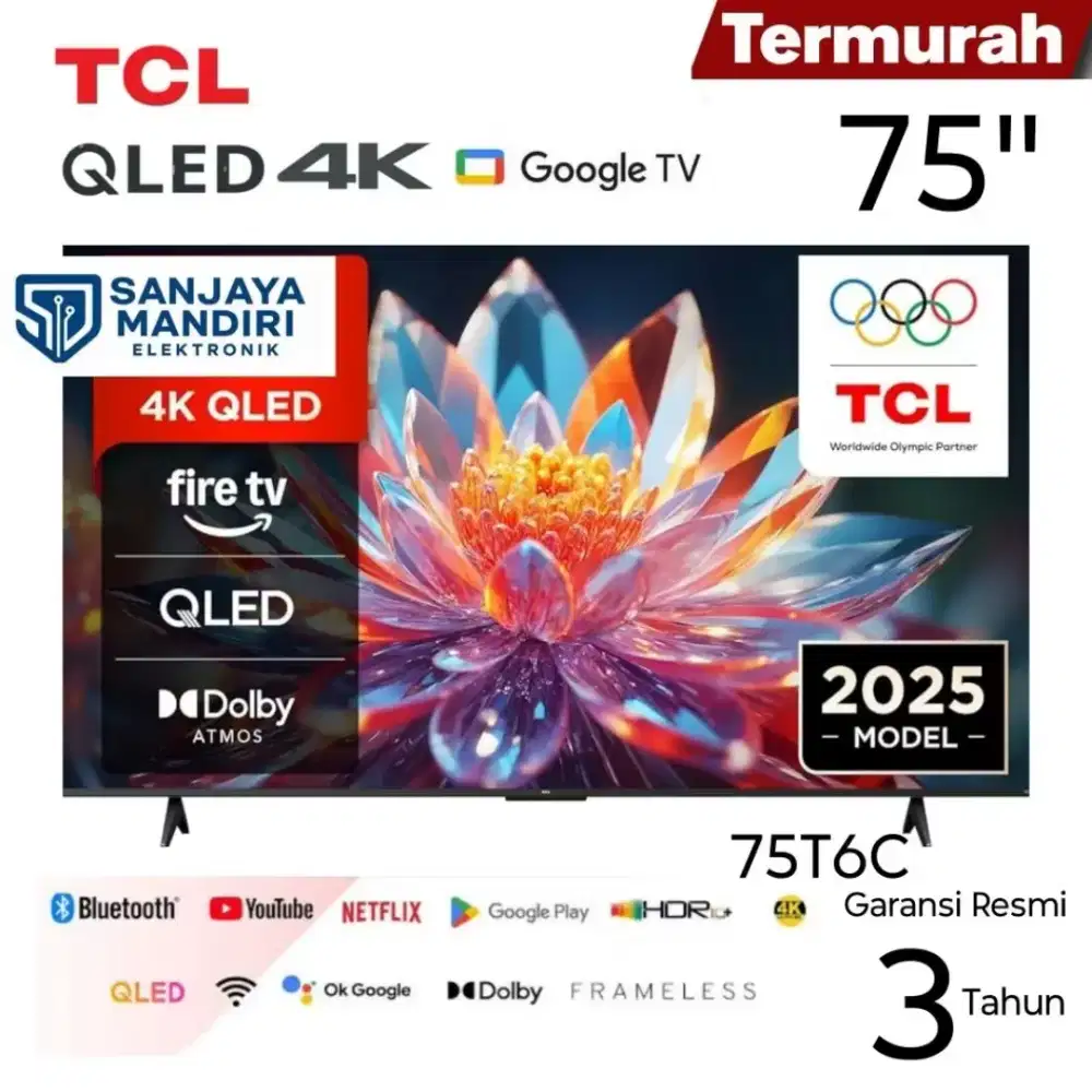 TCL QLED TV 4K UHD Google TV 75 Inch 75T6C Fire TV HDR10+ Dolby Atmos