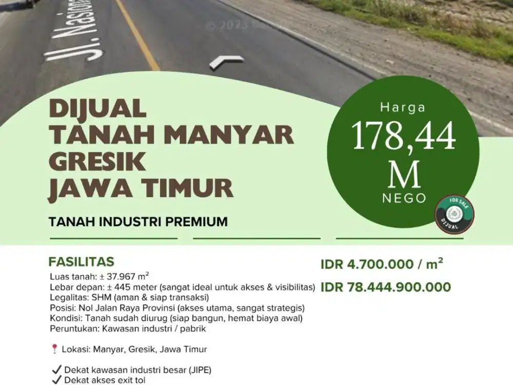 Dijual  Tanah Manyar Gresik Jawa Timur