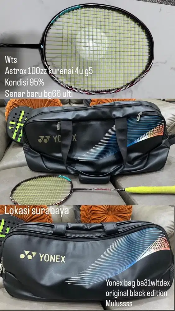 Raket badminton yonex 100zz kurinai , yonex badminton bag,tasbadminton