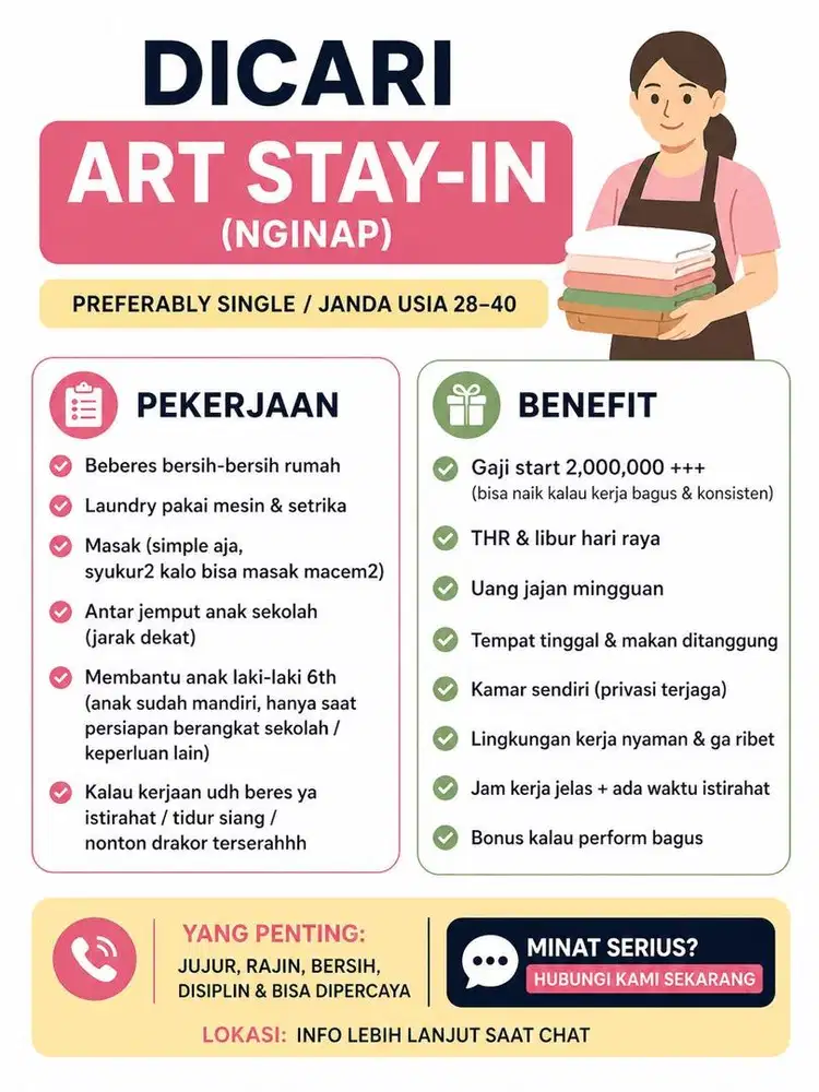 DIBUTUHKAN ART MENGINAP KEMBANGAN JAKARTA BARAT