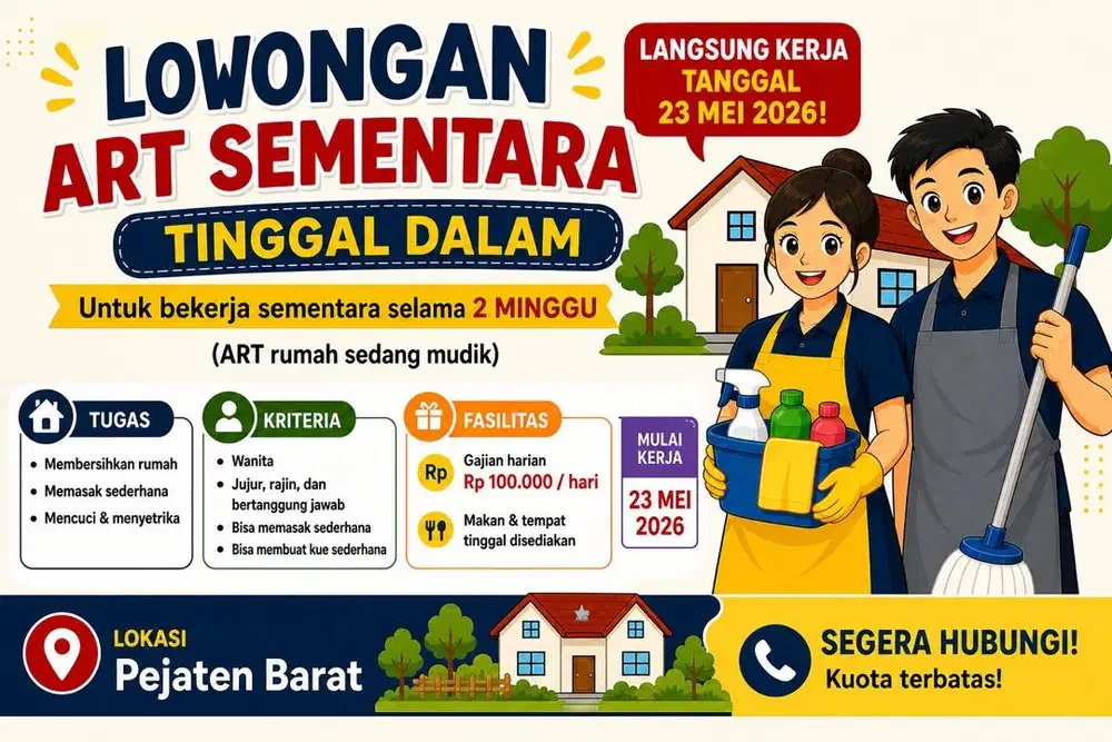 ART Sementara Tinggal Dalam 2 Minggu Gaji Harian 100rb Pejaten Barat
