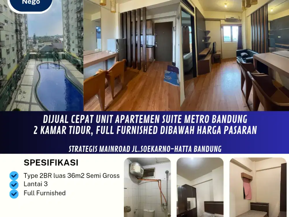 Dijual Cepat Unit Apartemen Suite Metro Bandung
2 Kamar Tidur, Full Furnished dibawah Harga Pasaran

Strategis Mainroad Jl.Soekarno-Hatta Bandung