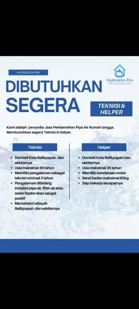 PELUANG TERBAIK TEKNISI & HELPER