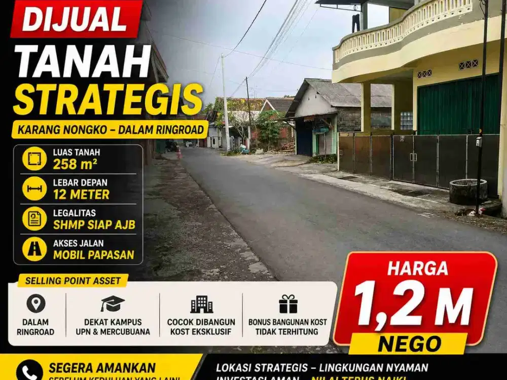 Tanah Dalam Ringroad 258m² Dekat Hotel Aveon – Cocok Kost Eksklusif Sleman