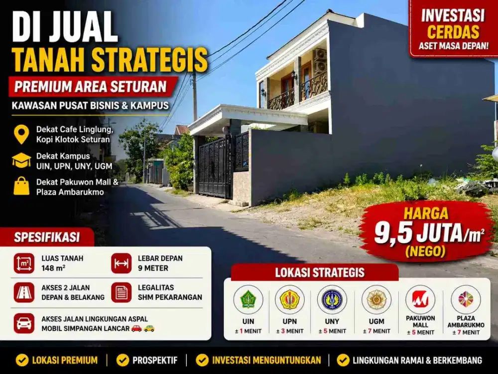 Tanah Premium Seturan 148m² 2 Akses Jalan – Dekat UGM, UPN, Pakuwon Mall