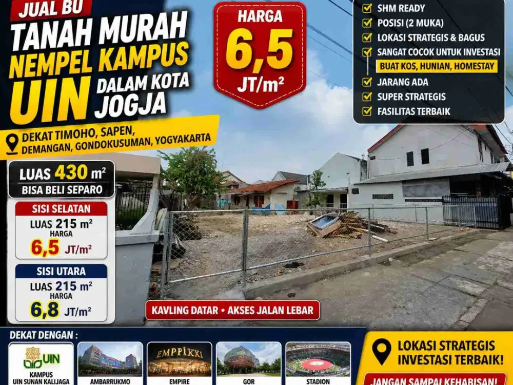 Tanah Murah BU Nempel UIN Jogja Dalam Kota – 2 Muka, Cocok Kost & Investasi!
