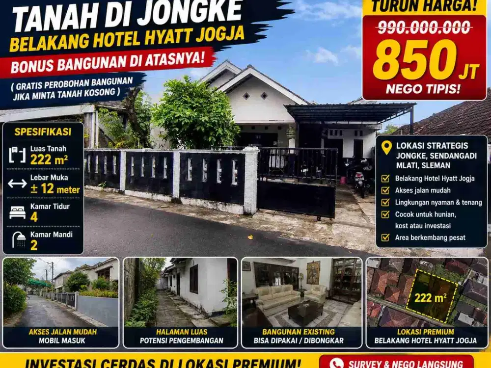 Tanah Murah Jongke Belakang Hyatt Jogja – Bonus Bangunan, Harga Turun Drastis!