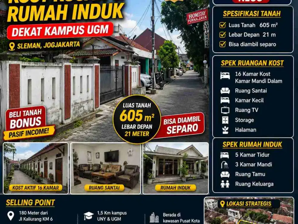 Tanah + Kost Aktif Pandega Dekat UGM – 605m², 16 Kamar, Passive Income!