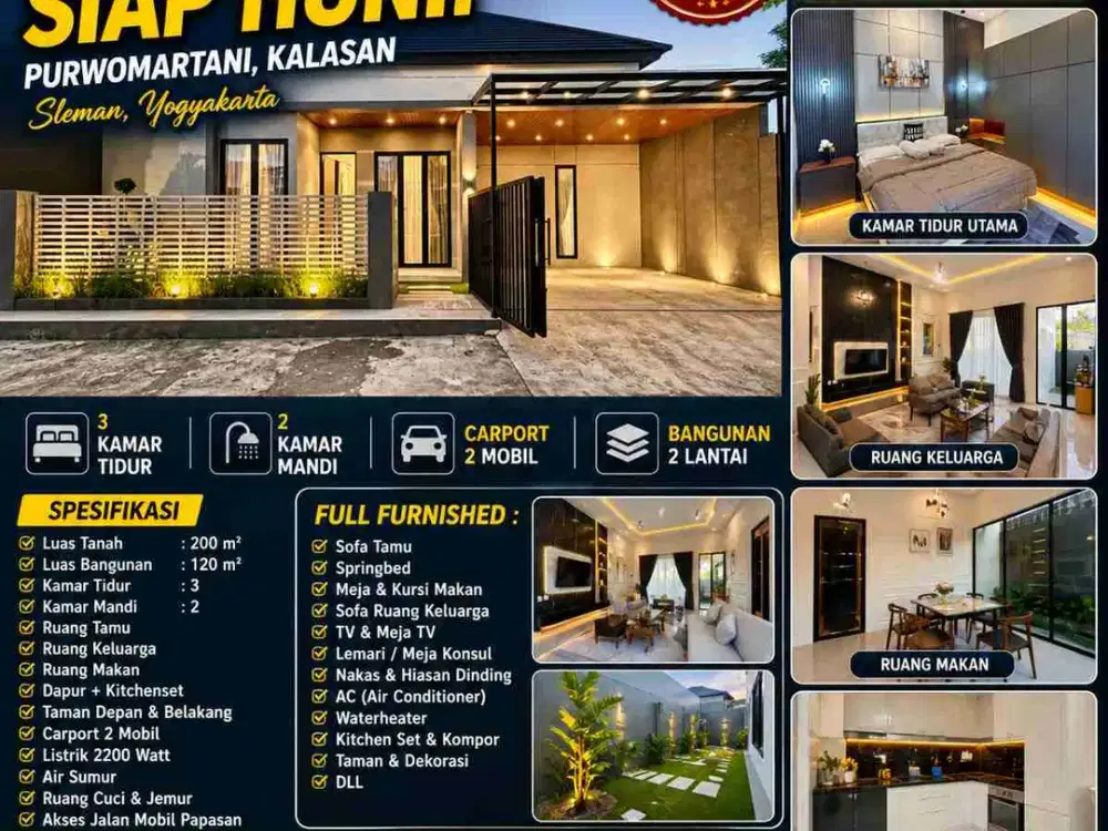 Rumah Baru Full Furnished 2 Lantai Purwomartani – Siap Huni Mewah, Halaman Luas & Carport 2 Mobil