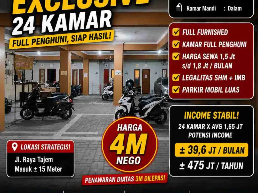 SUPER BU! Kos Eksklusif 24 Kamar Full Penghuni – Income Stabil Tajem Sleman