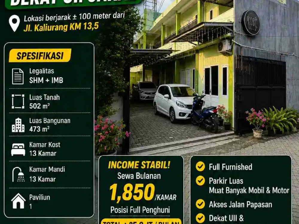 TURUN HARGA! KOST EXCLUSIVE 14 KAMAR DEKAT UII JAKAL – FULL PENGHUNI, SIAP CASHFLOW