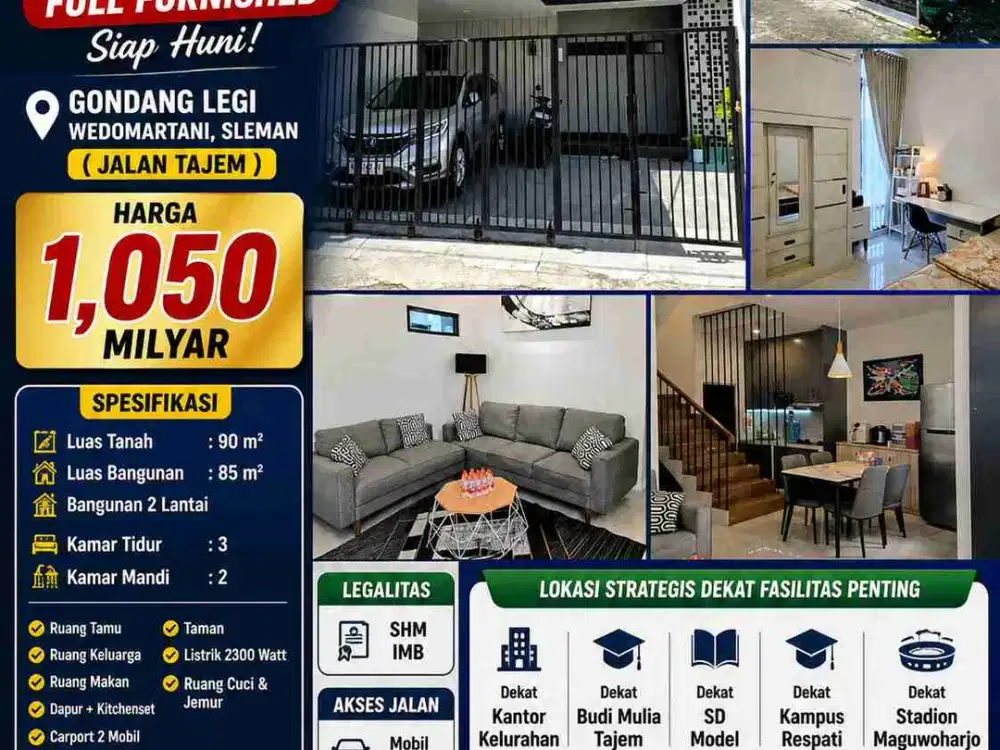 Rumah 2 Lantai Full Furnished Tajem Sleman – Siap Huni, Harga 1 M-an!