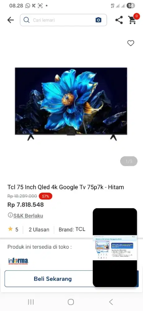 Tcl 75 inci qled 4k google tv 75p7k