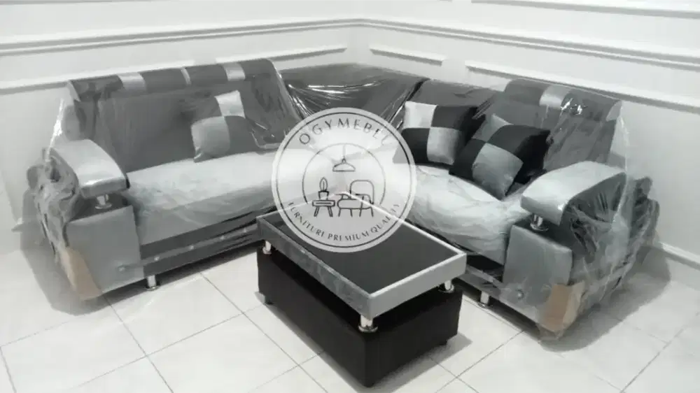 READY SOFA L KOMBINASI KULIT DAN BLUDRU