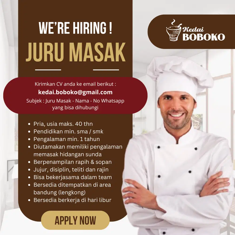 Dicari Koki / Juru Masak Restoran Makanan Sunda Bandung