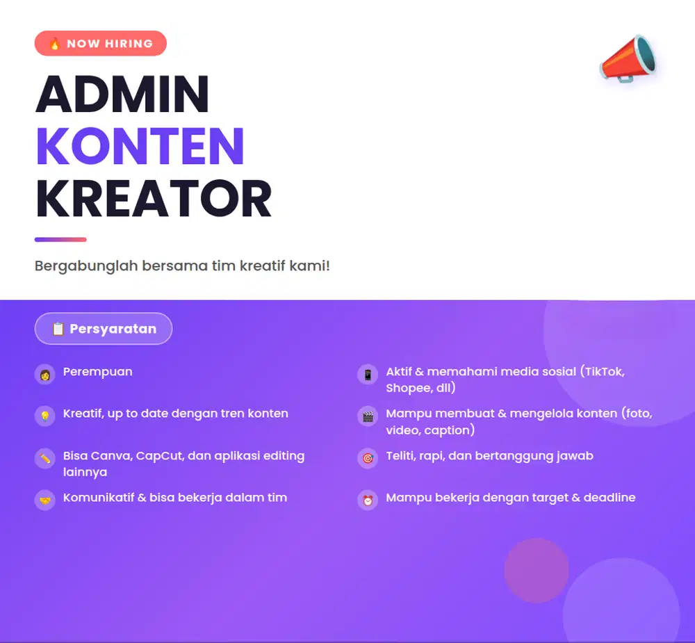 DIBUTUHKAN SEGERA ADMIN KONTEN KREATOR ONLINE SHOP CONTENT CREATOR